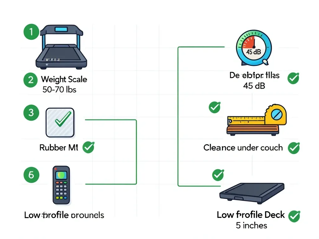 Apartment walking pad buying criteria checklist Infographic checklist of six key criteria for buying a walking pad for apartment use