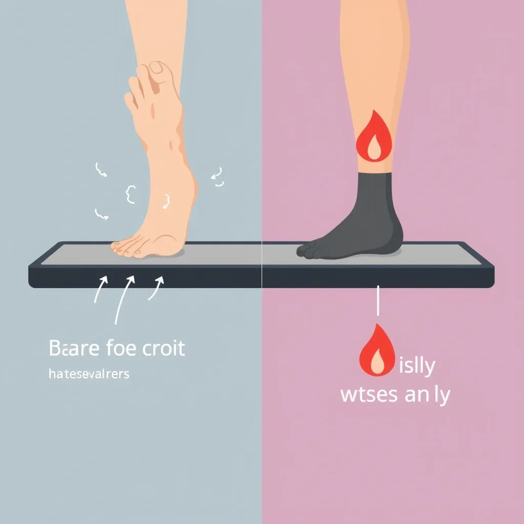 Barefoot vs Socks on Walking Pad Comparison illustration of barefoot and socked feet on a walking pad, showing pros and cons of each for foot health.