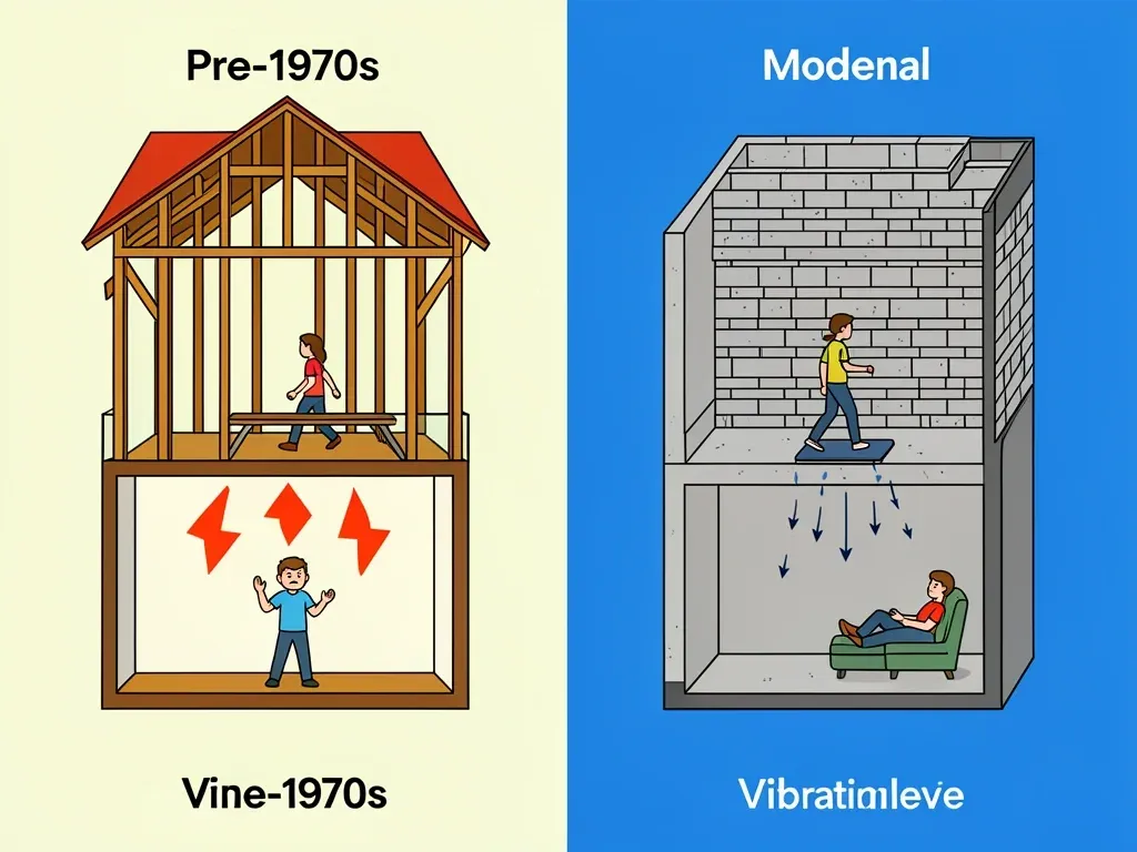 Building construction impact on walking pad vibration transfer Diagram comparing walking pad vibration in wood-frame vs concrete slab apartment buildings