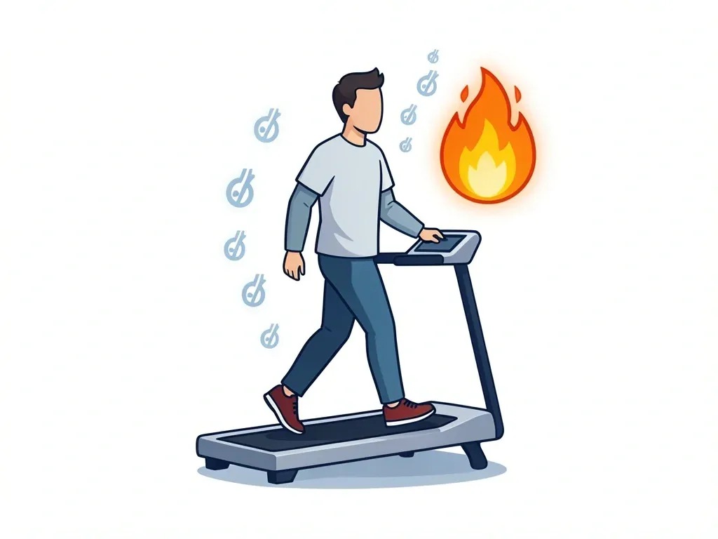 Walking pad calorie burn illustration Person walking on a walking pad with incline, flame icon representing calorie burn
