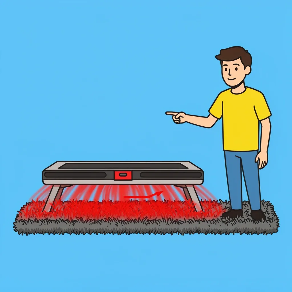 Why carpet causes walking pad overheating Cross-section of walking pad on carpet showing trapped heat waves around the motor, causing overheating