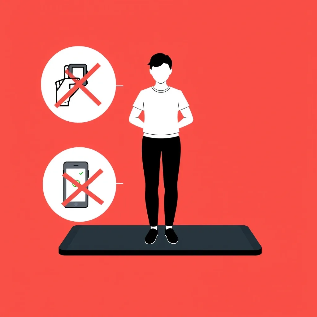 Walking Pad Weight Loss Mistakes to Avoid Person on walking pad with red X over handrail holding, phone slouching, and short timer icons, with green checkmark for correct posture