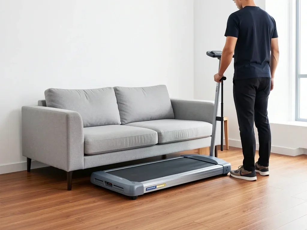 Compact walking pad storage solution for apartments Compact walking pad slid under a sofa in a modern apartment living room with a vertical stand nearby