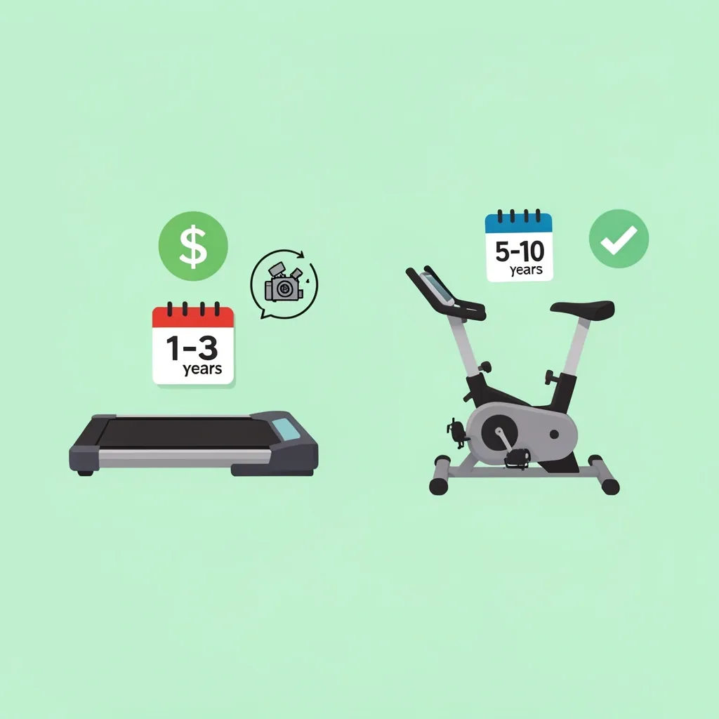 Cost and Durability Comparison Comparison of walking pad and exercise bike cost and lifespan with calendar and maintenance icons