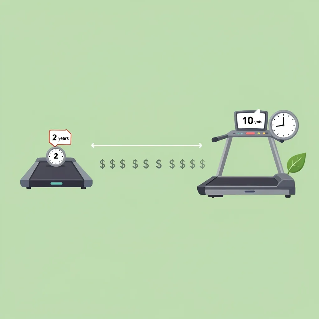 Cost Per Year Comparison Walking Pad vs Treadmill Comparison of long-term cost: walking pad with frequent small expenses over 2 years, treadmill with larger upfront cost but fewer expenses over 10 years
