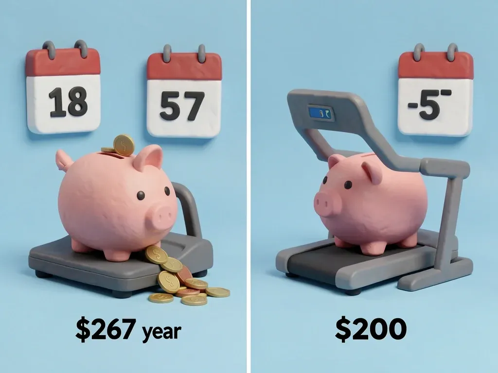 Comparison of yearly cost between a walking pad with falling coins ($267 per year for 18 months) and a treadmill with stable coins ($200 per year for 5-7 years)
