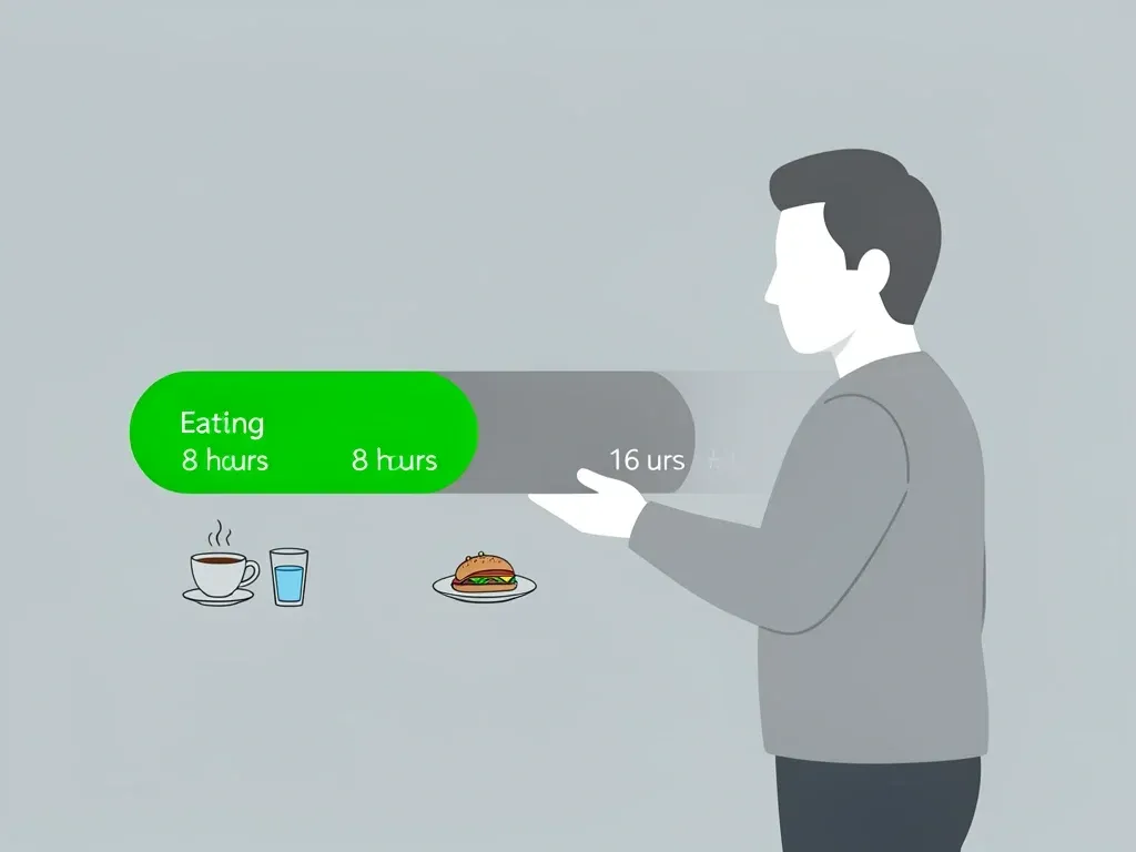 Timeline illustration showing 8-hour eating window and 16-hour fasting window with icons for coffee and water during fast and food during eat