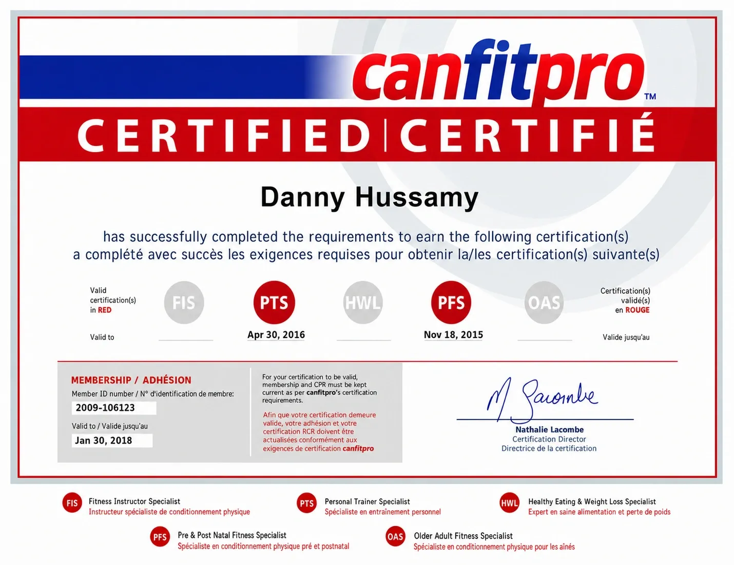 canfitpro Certified Personal Trainer Specialist (PTS) and Pre & Post Natal Fitness Specialist (PFS) certificate awarded to Danny Hussamy