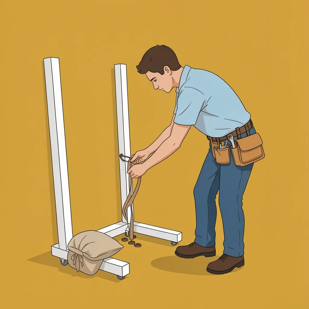 DIY Brace for Walking Pad Upright Storage A person installing a DIY wooden brace and furniture sliders to stabilize a walking pad stored upright.