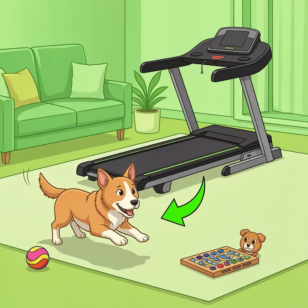 Safe indoor exercise alternatives for dogs Dog playing fetch indoors next to a dog treadmill and puzzle toy as safe exercise alternatives