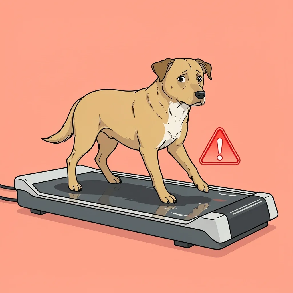 Dog safety risks on walking pad Dog showing signs of stress and slipping off the short belt of a walking pad