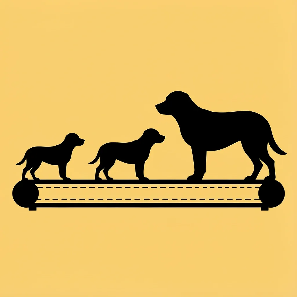 Dog stride length vs walking pad belt Comparison of dog sizes and stride lengths relative to a walking pad belt showing fit issues
