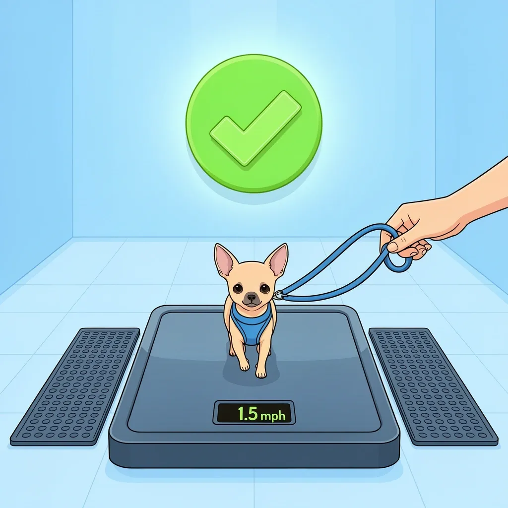 Safe use of walking pad for small dog Small dog in a harness walking slowly on a walking pad with safety mats and supervision