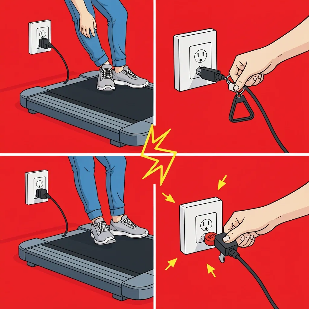 Three emergency stop methods for a walking pad: unplugging cord, pulling safety key, pressing stop button.