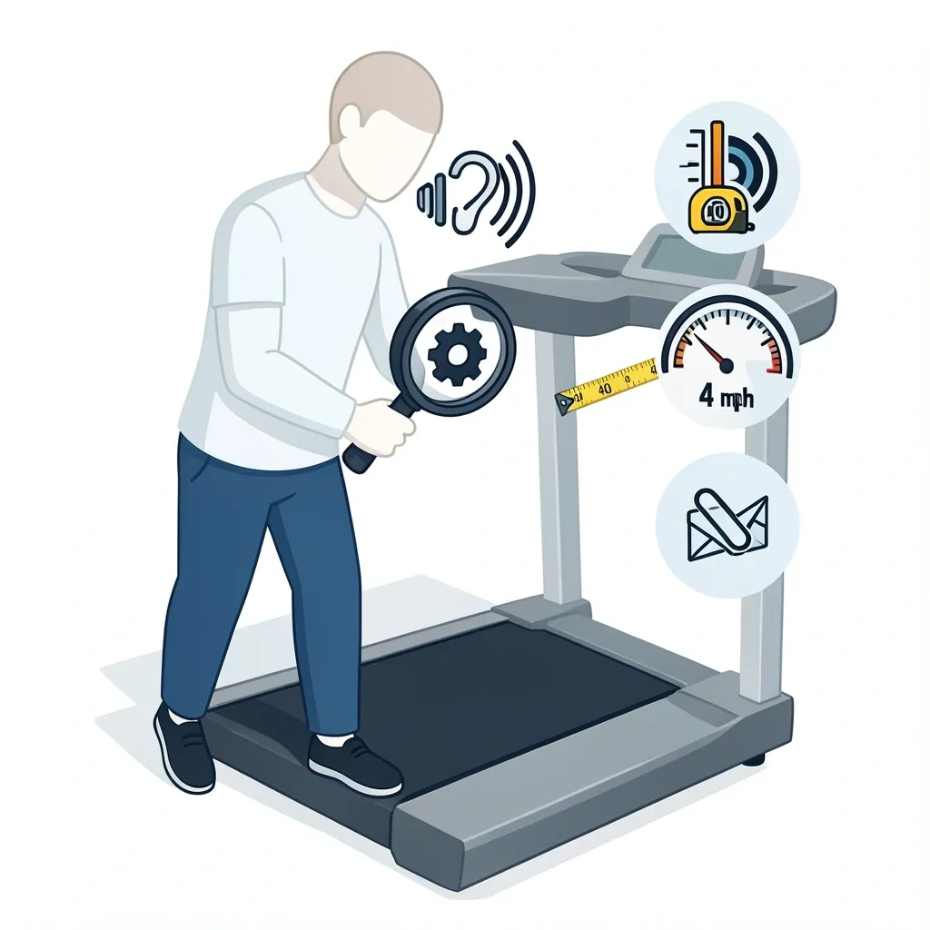 How to Evaluate Walking Pad Specs Character inspecting a walking pad with icons for motor, noise level, belt length, max speed, and foldability floating around.
