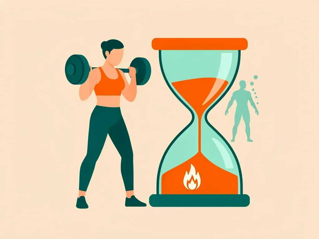 Flat vector of a person training fasted with an hourglass and glycogen depletion symbol, emphasizing fat burning during fasted workouts