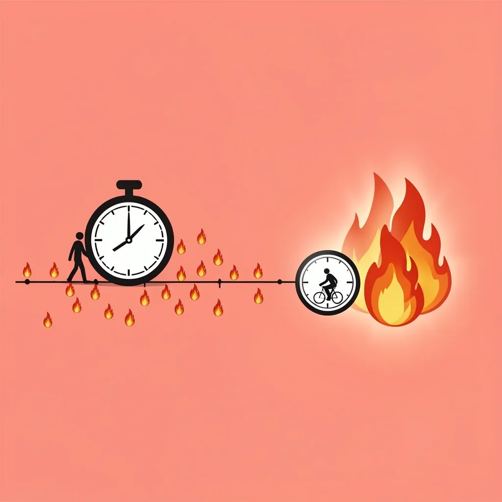 Fat Burn Comparison Walking Pad vs Exercise Bike Visual metaphor comparing long-term fat burn between walking pad and exercise bike using clocks and flames