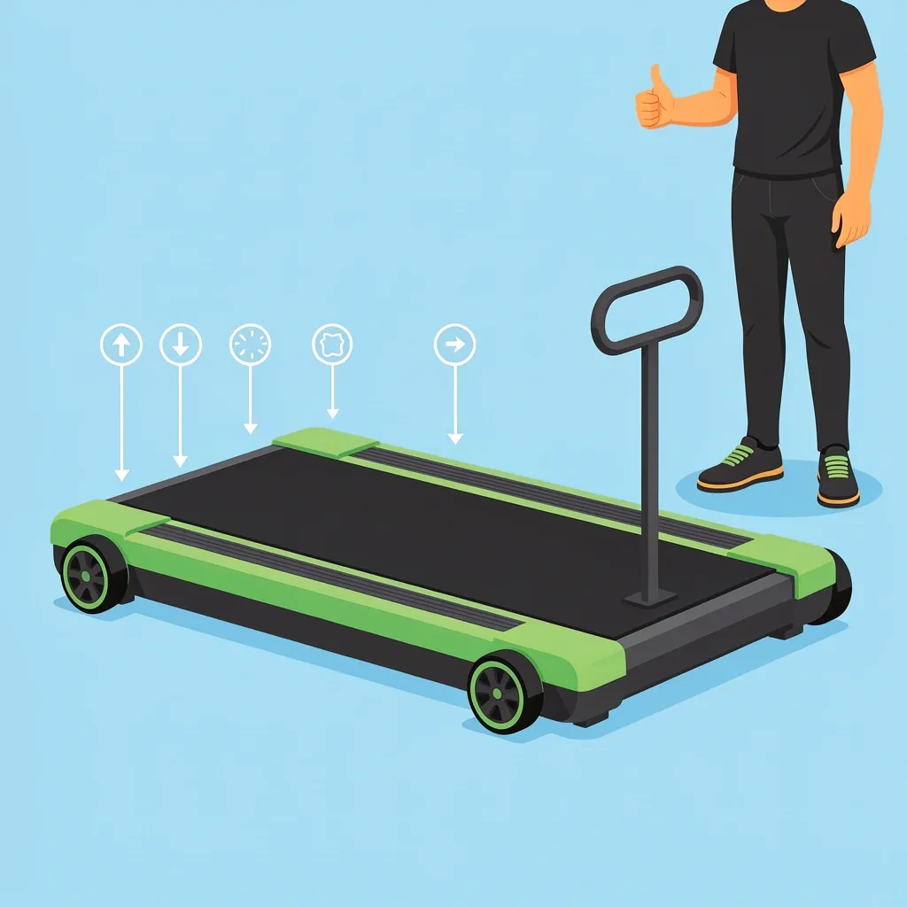 Key Features of a Movable Walking Pad Walking pad with visual callouts for bidirectional wheels, locking handle, flat underside, and low profile