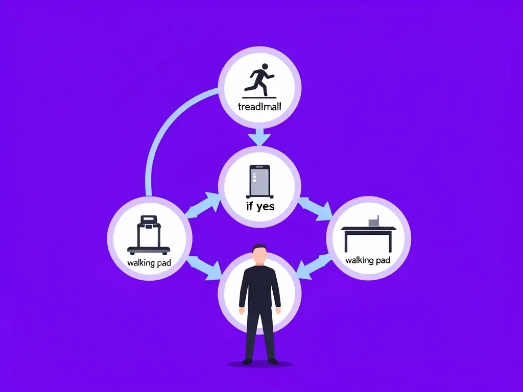 A decision tree flowchart with three questions (running, small space, standing desk) leading to walking pad or treadmill icons