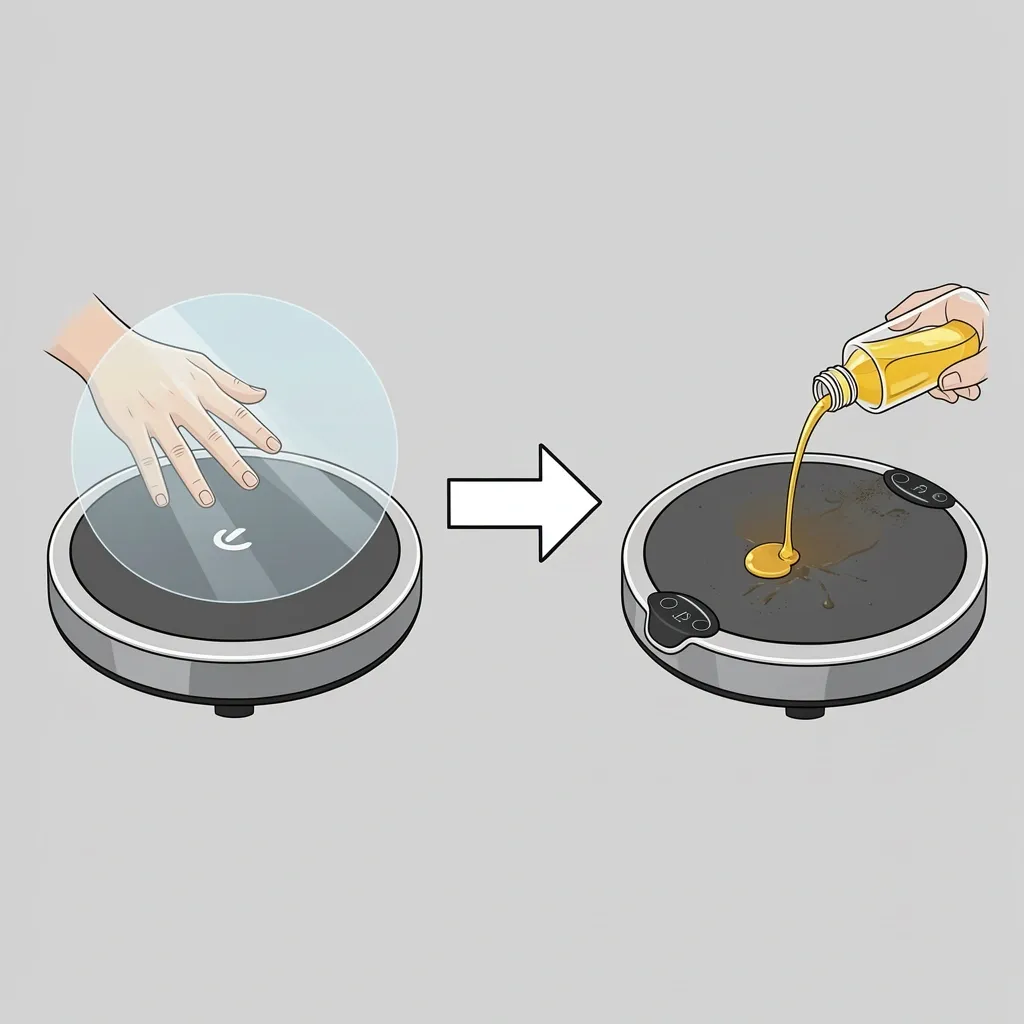 First Lubrication vs Routine Care Split-screen comparison of a new walking pad with protective shield and a used pad receiving silicone oil, with arrow showing progression