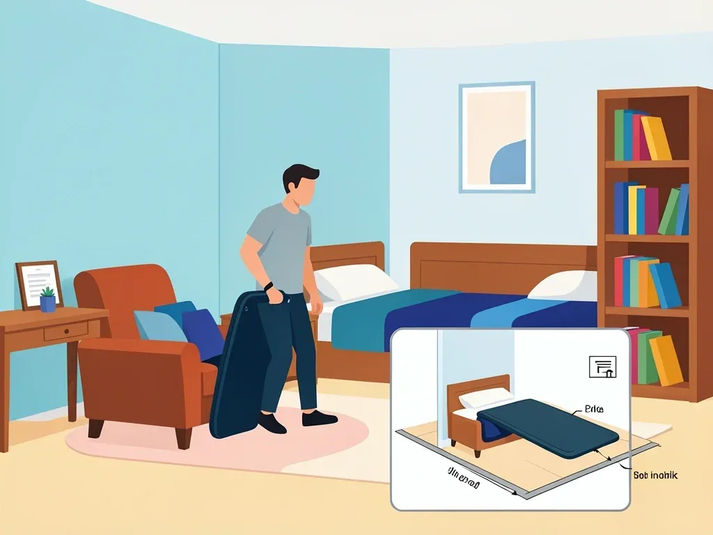 Space-saving foldable walking pad in studio apartment Person unfolding a walking pad stored behind a chair in a small studio apartment