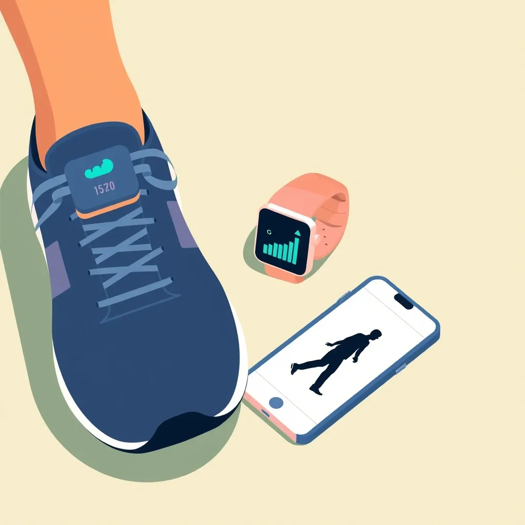 Advanced walking pad step tracking foot pod 2D illustration of a foot pod attached to a shoe, smartwatch, and smartphone representing advanced step tracking methods