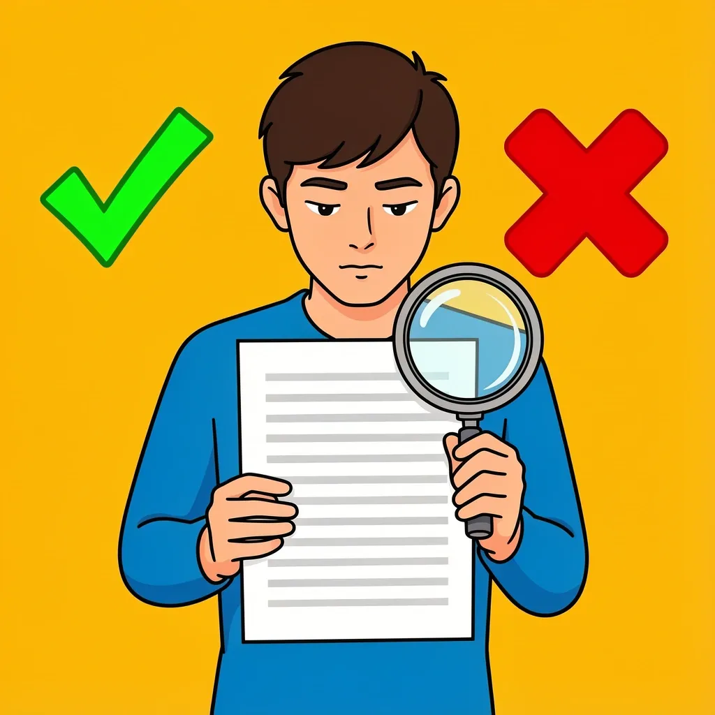 Person examining a document with a magnifying glass, green checkmark and red X symbols representing approval and denial