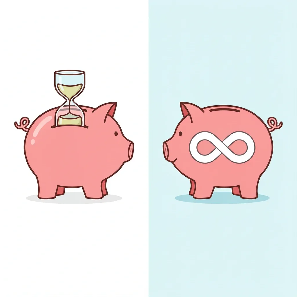 Two piggy banks, one with an hourglass representing FSA and one with an infinity symbol representing HSA