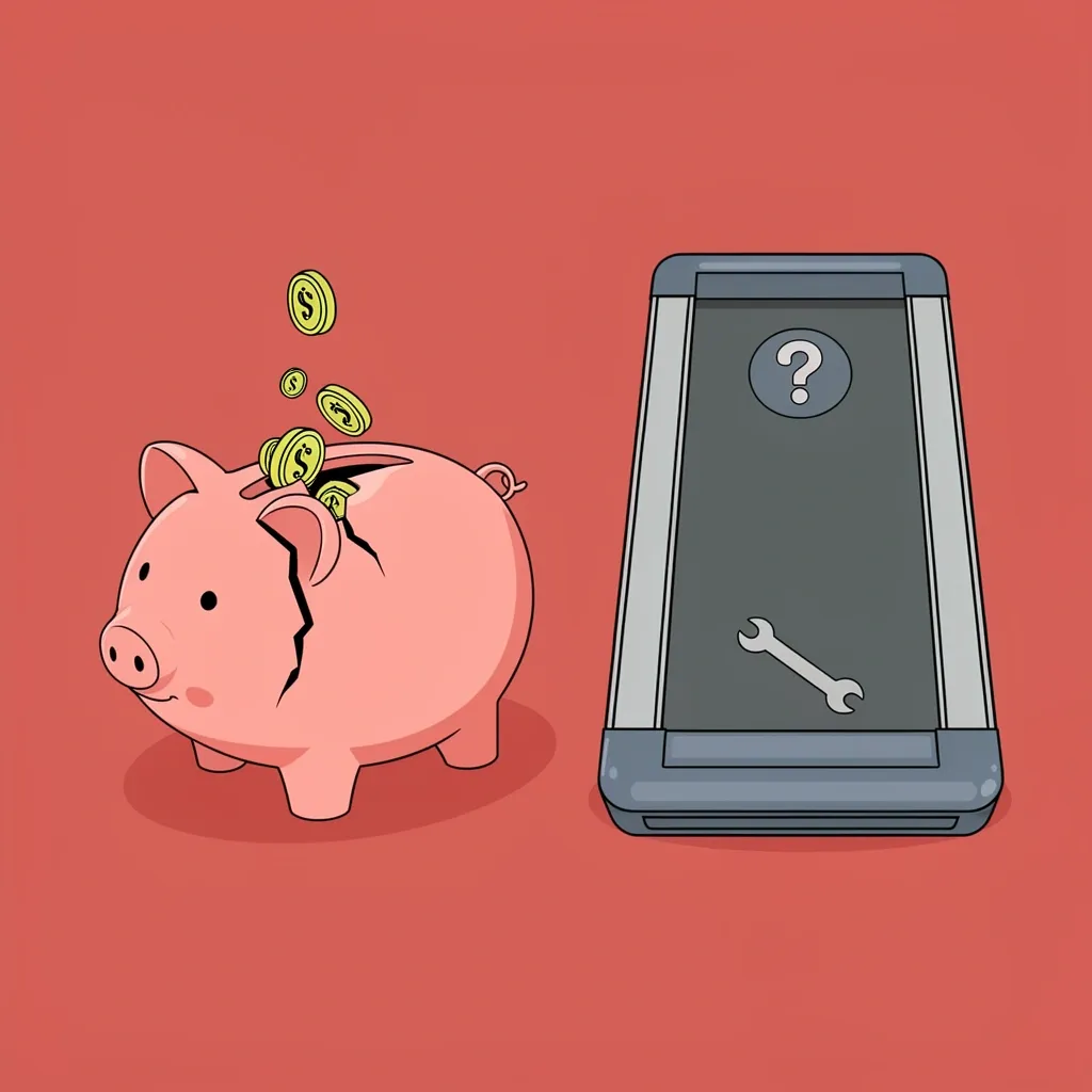 Hidden Costs of WalkingPad C1 Cracked piggy bank with falling coins next to a treadmill with wrench icon