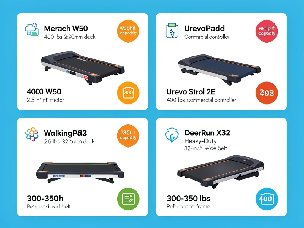 Best Walking Pads with Highest Weight Limits Four top walking pad models with highest weight limits: Merach W50 400 lbs, Urevo Strol 2E 400 lbs, WalkingPad X32 330 lbs, DeerRun 300-350 lbs