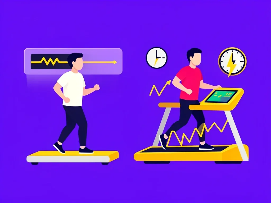 Person attempting HIIT on walking pad with flat speed curve, treadmill shows sharp intervals