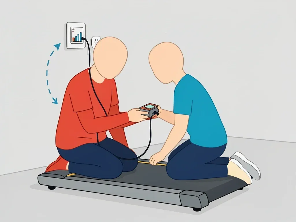 Measuring Walking Pad Power Draw Faceless person using a plug-in power meter to measure walking pad electricity consumption