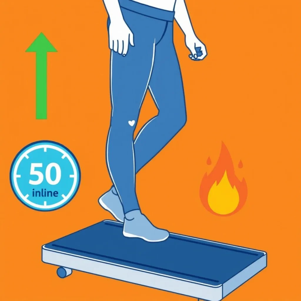 Incline and Duration Boost Calorie Burn Person walking on an inclined walking pad with a clock and arrow graphic showing how incline increases calorie burn and duration matters