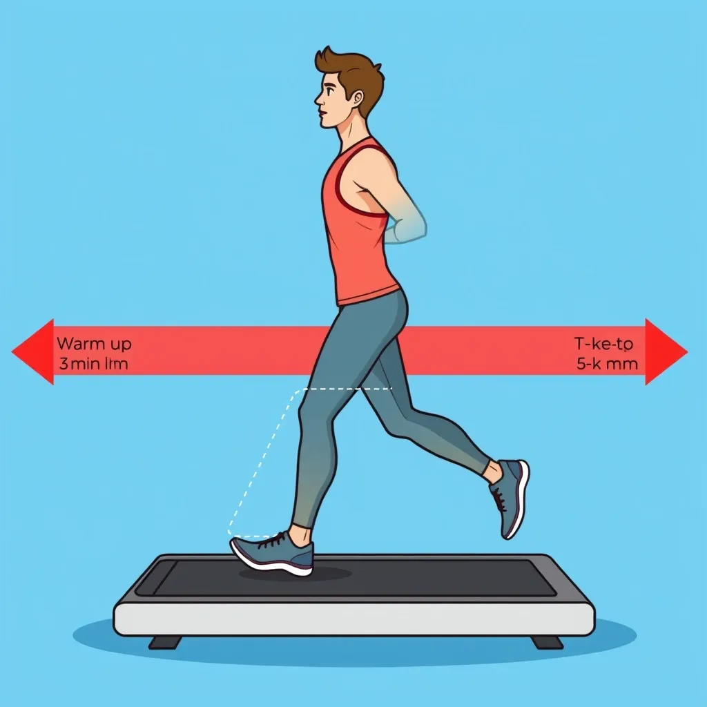 Incline Interval Walk Exercise Person performing incline interval walk on walking pad with dotted path showing warm-up, work, recovery, and cool-down phases