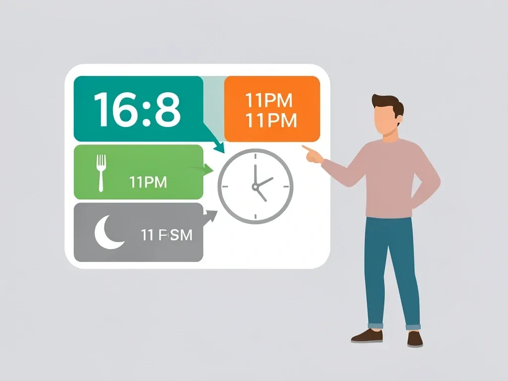 Flat vector illustration of a clock showing the 16:8 intermittent fasting schedule with eating and fasting windows highlighted