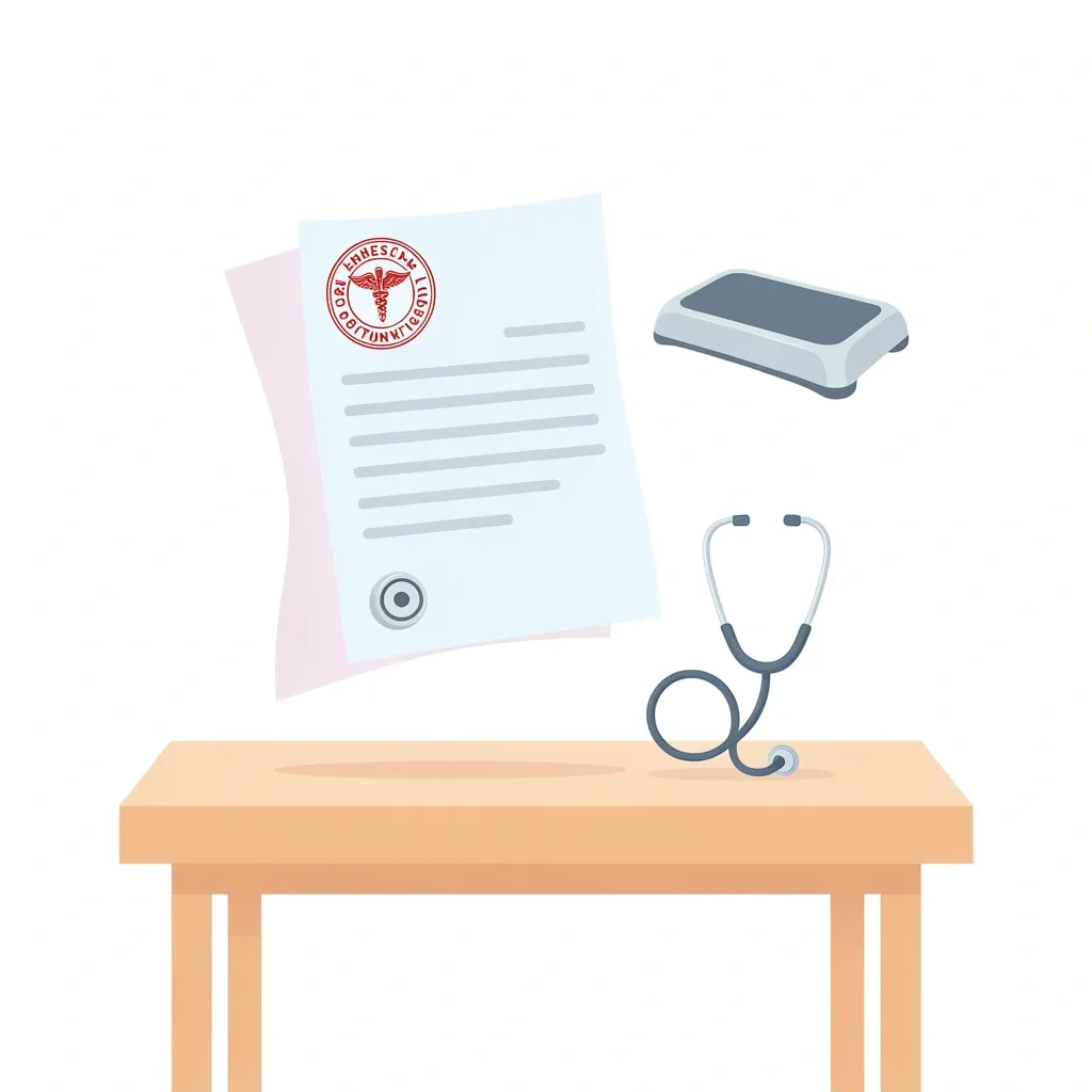 Medical document with a stamp and caduceus next to a walking pad icon and stethoscope
