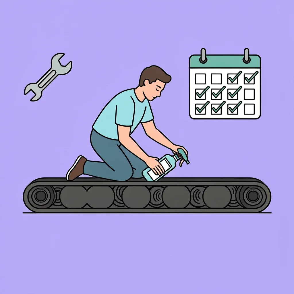 Long Belt Maintenance Needs Vector illustration of a person lubricating a long walking pad belt with maintenance icons