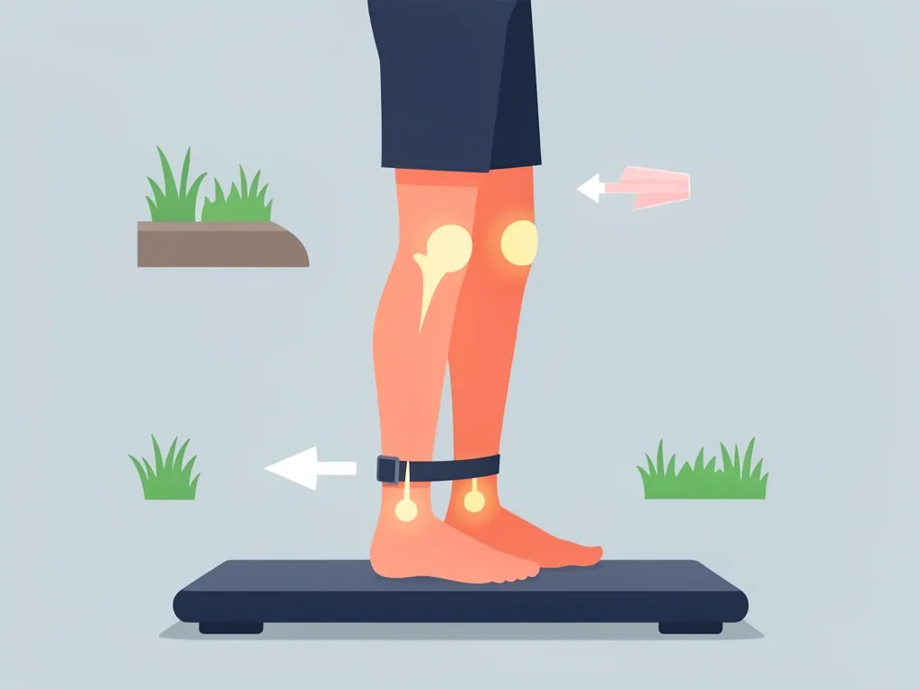 Illustration of a person's lower body on a walking pad with highlighted joints showing repetitive stress from flat surface walking.
