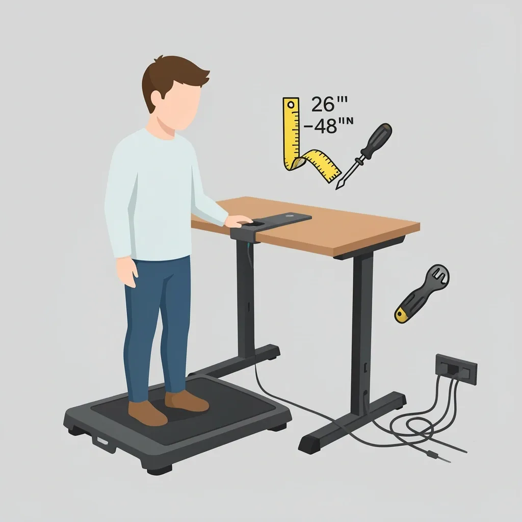 Matching Desk to Walking Pad Person at a standing desk on a walking pad with icons for height range, desk stability, and cable management.