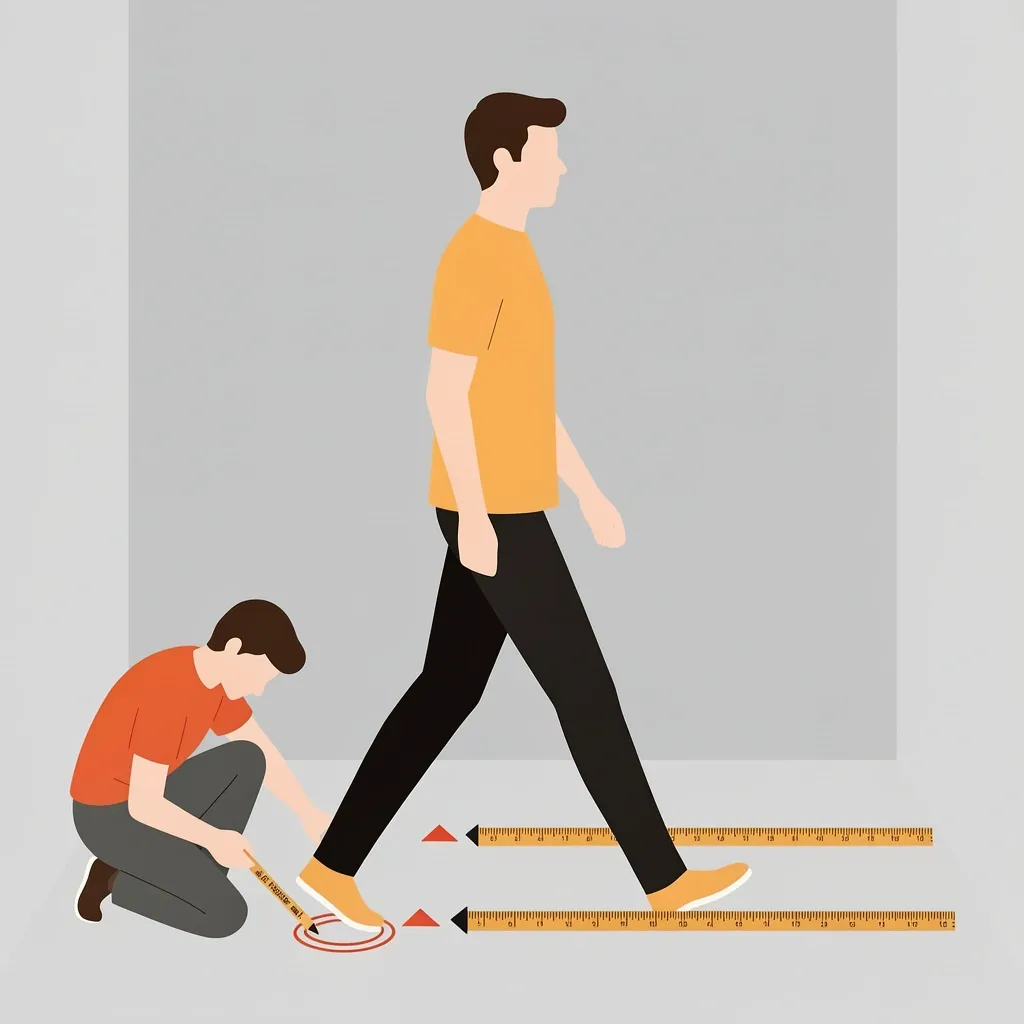 How to measure your stride for a walking pad Two people in an illustration: one walking while the other marks heel positions on the floor with a measuring tape between the marks.