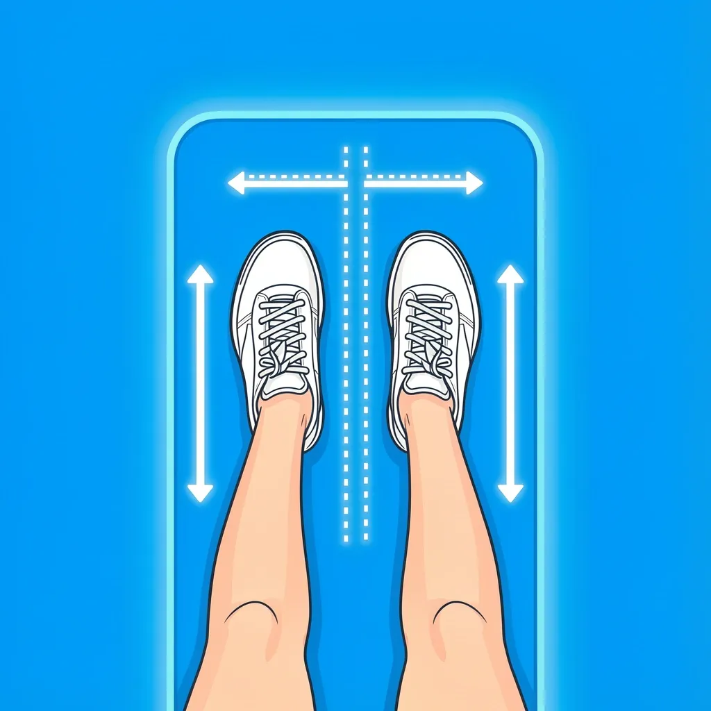 How to Measure Your Walking Pad Width Overhead view of a person standing on a walking pad with foot placement and clearance measurements illustrated with arrows