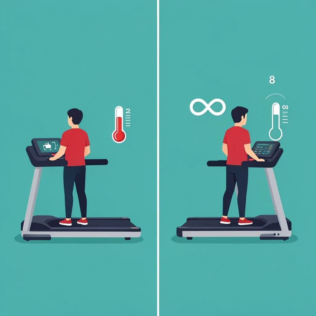 Motor Duty Cycle Comparison Comparison of motor duty cycle: walking pad limited to 2 hours with overheating icon, treadmill has extended runtime with infinity symbol