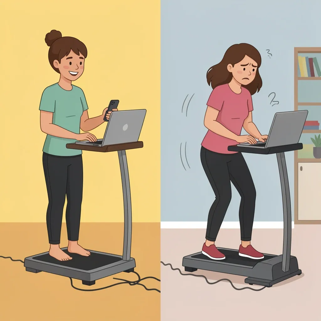 Person multitasking on a walking pad while working versus person struggling on a stepper