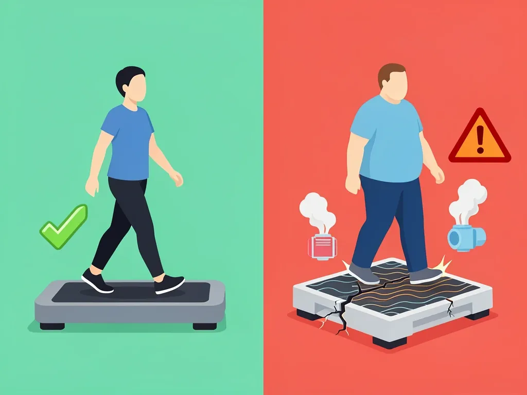 Effects of Exceeding Walking Pad Weight Limit Comparison of normal walking pad use versus overloaded use showing motor overheating, deck compression, and frame crack