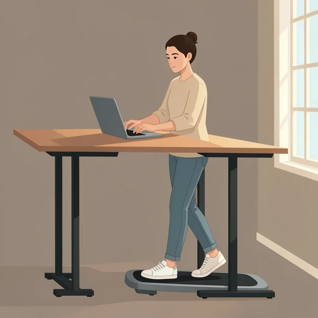 Walking Pad Under Desk for Work Person walking on a compact walking pad underneath a standing desk while working on a laptop