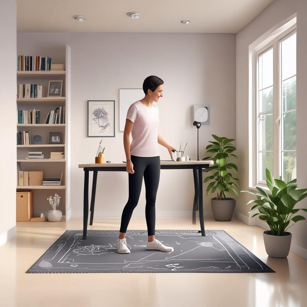 Post-Meal Walking Pad Guidelines Visual Person using a walking pad after a meal with icons representing wait time, slow speed, hydration, and listening to body