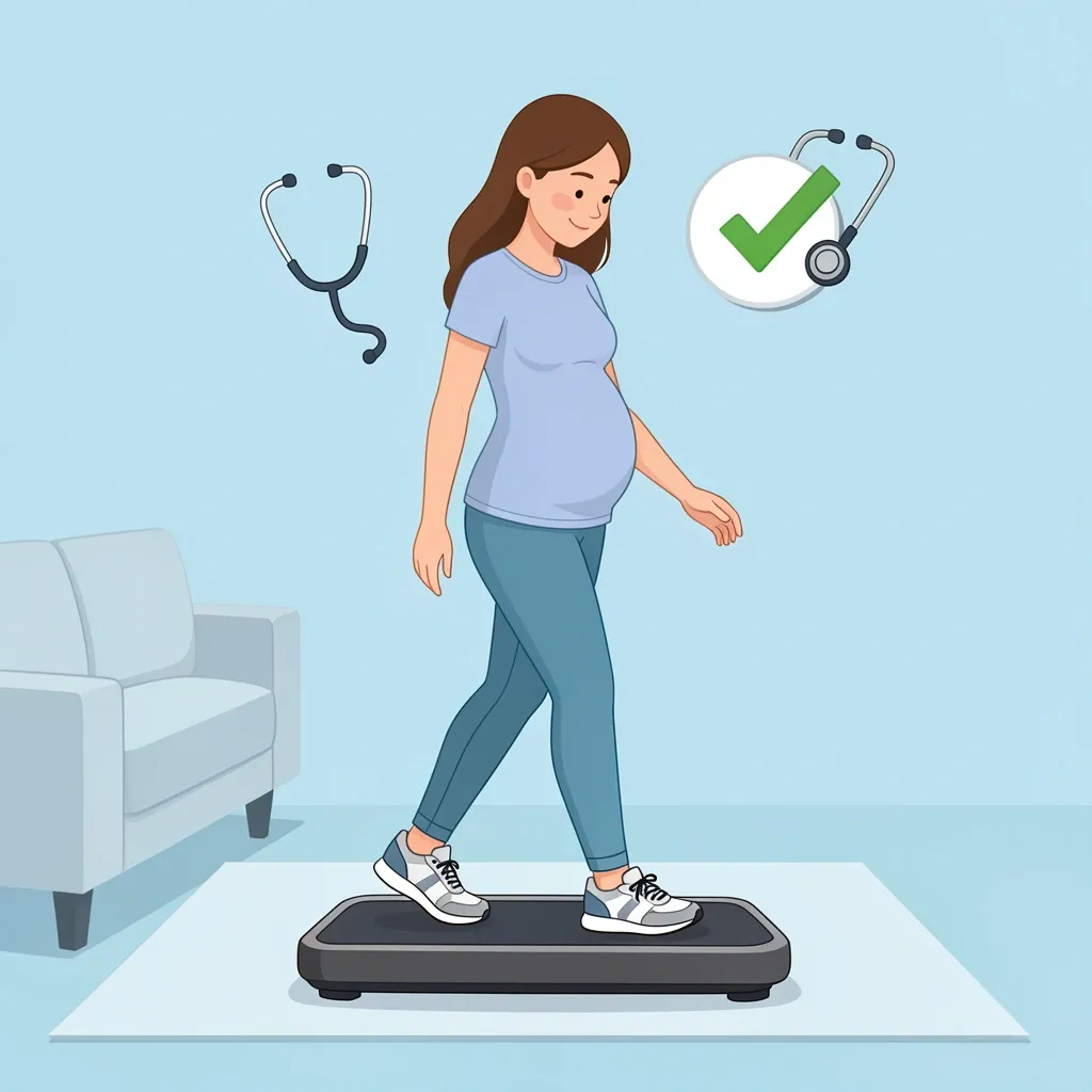 Safe Walking Pad Use During Pregnancy Pregnant woman walking on a walking pad indoors with medical clearance symbol
