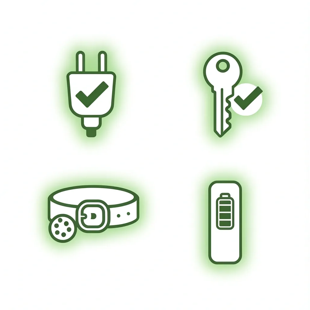 Quick troubleshooting checks for walking pad Vector icon grid showing four quick checks for a walking pad: power plug, safety key, belt and debris, and remote battery
