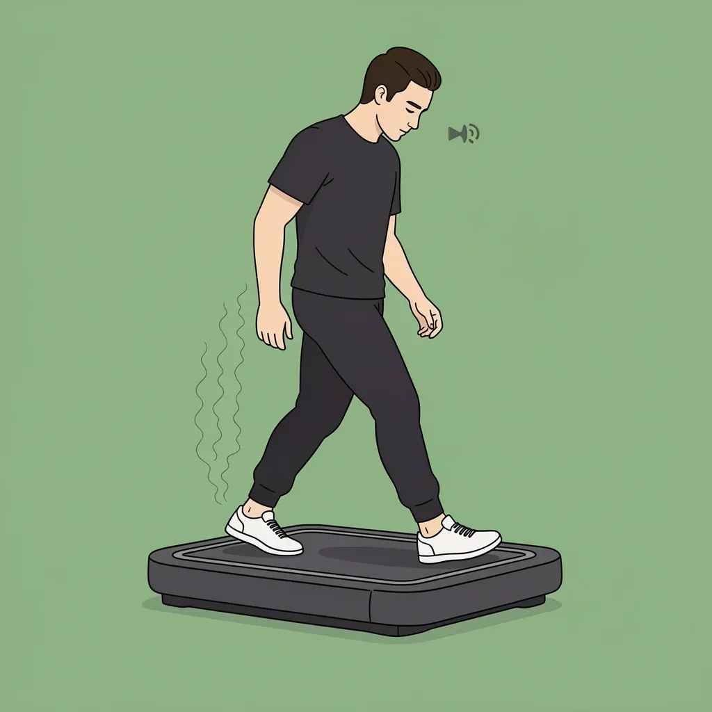 Pants Noise Reduction While Walking Illustration showing loose pants causing rustling noise on a walking pad versus tight joggers being quiet