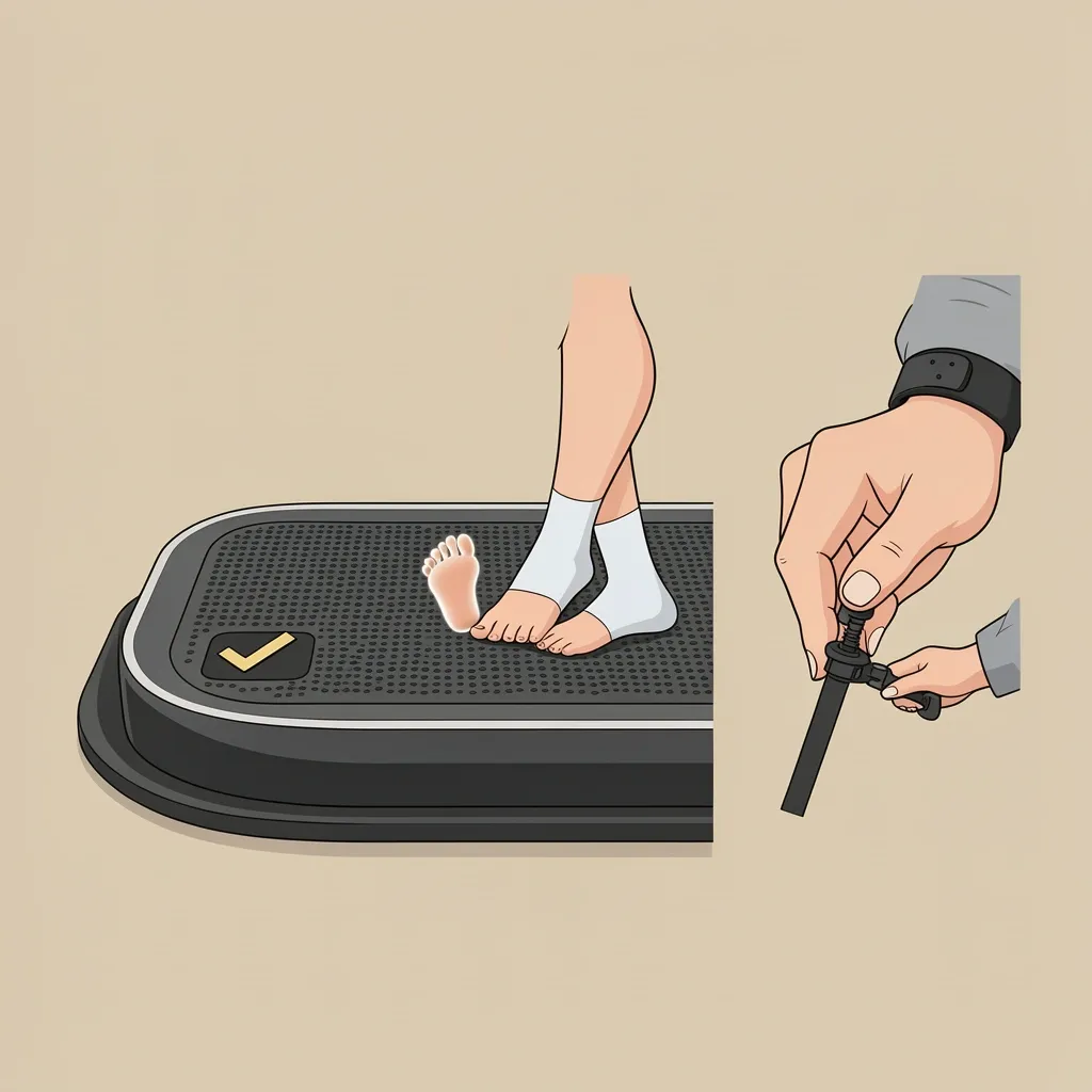 Quieter Walking Pad Tips Illustration showing three tips to reduce walking pad noise: using an anti-vibration mat, walking in socks, and adjusting belt tension